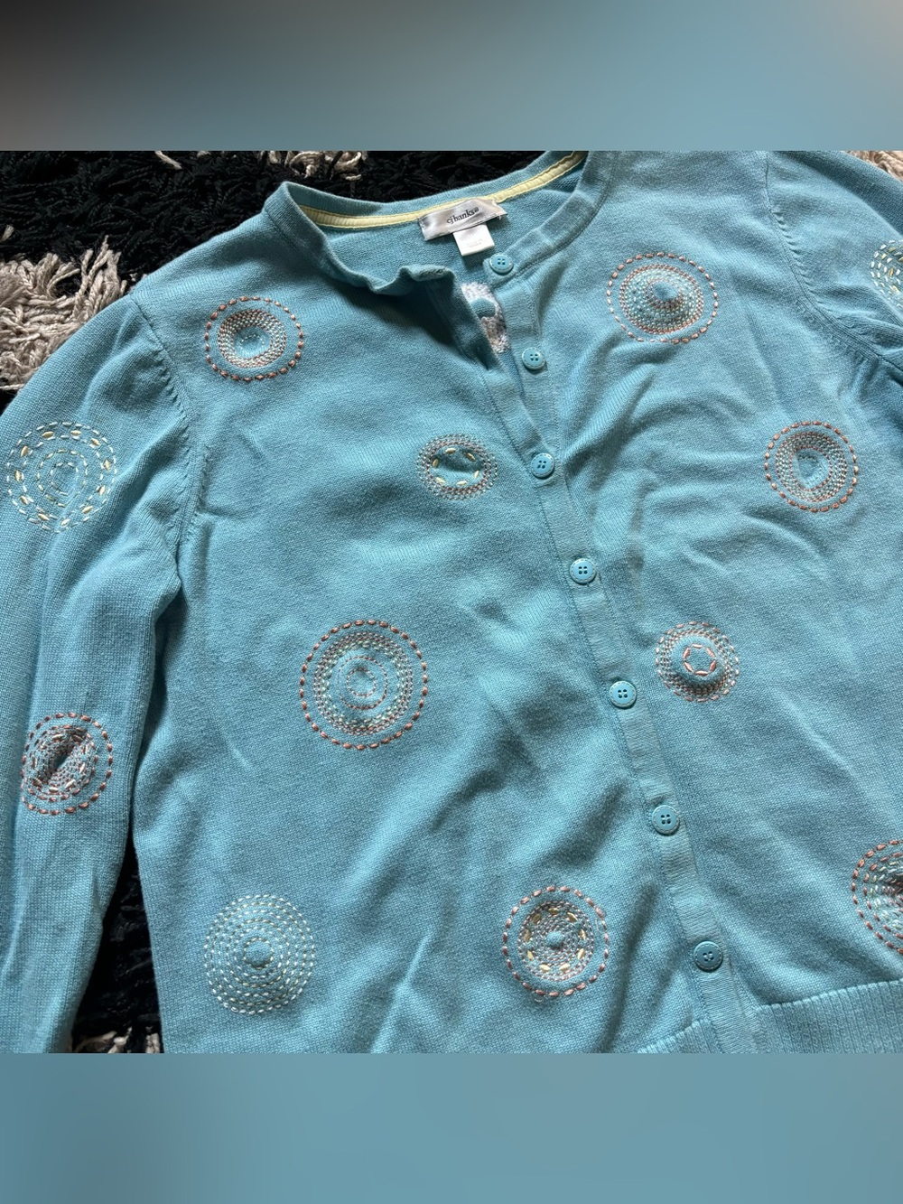 CJ Banks Artsy Blue Multicolor Embroidered Swirly Patterned Button Up Cardigan